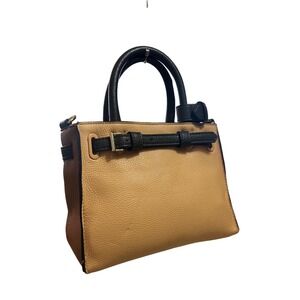 REED Women Tan Cognac Black Pebbled Faux Leather Belted Satchel Handbag Bag